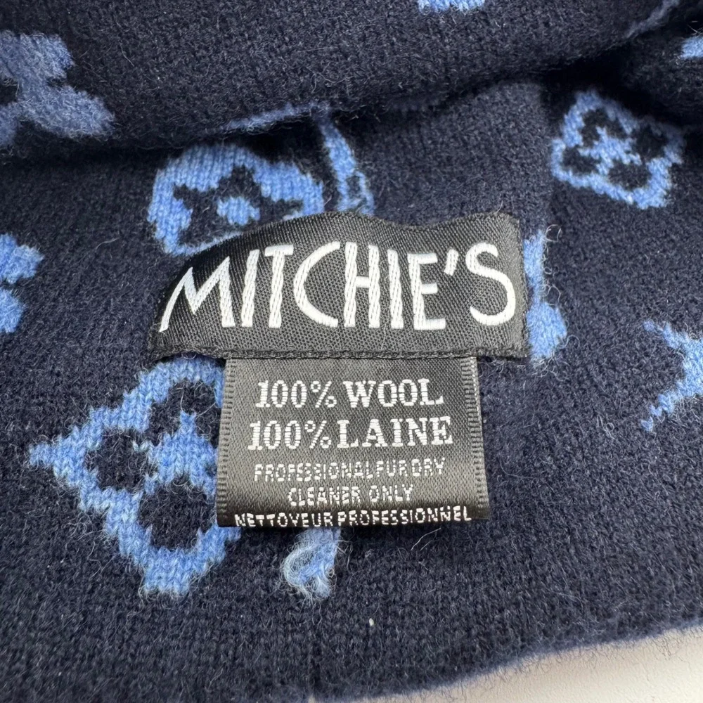 Mitchies 100% Wool Monogram Floral Beanie with Genuine Fur‎ Pom Pom Blue Navy